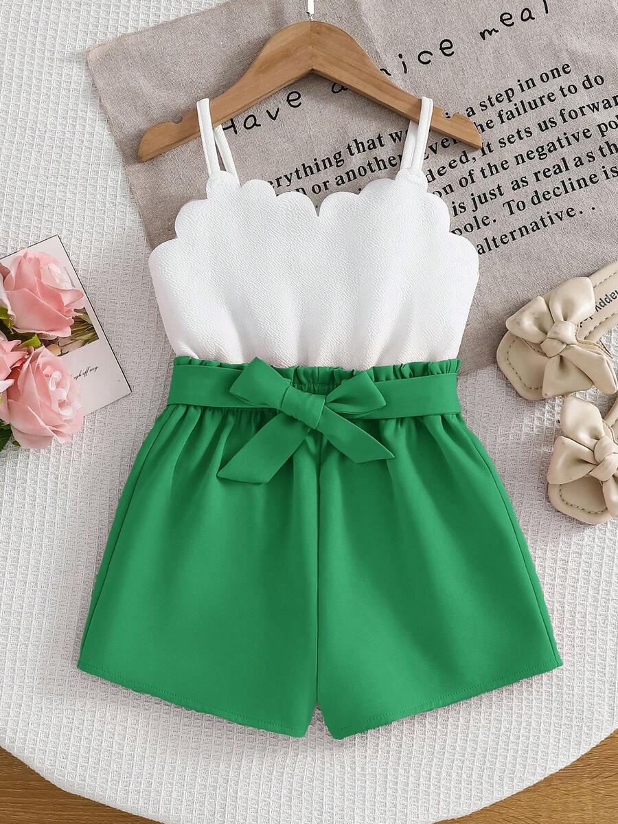 SHEIN Young Girl Cute Summer White Camisole Elastic Waist Jumpsuit - Green - View 1