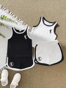 SHEIN 2件組男嬰幼童夏季休閒套裝 黑白馬匹圖案印花無袖背心與短褲 兩件式海灘穿搭 - 黑與白 - 查看 4