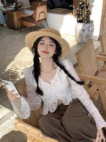 DAZY 女士网纱韩版春夏长袖休闲上衣 - 白色 - 查看 11