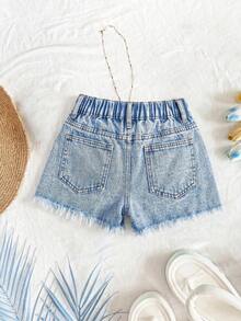 SHEIN Quần short denim xanh rách tua rua dáng rộng cho bé gái tuổi teen, phong cách Y2K cổ điển, cá tính, đường phố. Quần short denim xanh rách tua rua dáng rộng cho trẻ em, quần áo mặc hàng ngày cho bé gái tuổi teen và trang phục dự tiệc mùa xuân đến hè, trang phục đường phố, trang phục trở lại trường học. - Màu xanh lam - Xem 2