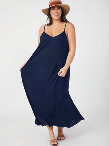 SHEIN BASICS 大码休闲纯色无袖连衣裙，夏季 - 藏蓝色 - 查看 4