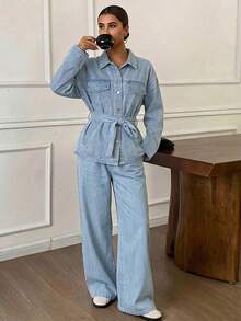 DAZY Bộ đồ denim nữ dáng rộng, thoải mái, phong cách thu đông mới, chất liệu denim bạc màu, có dây thắt eo. - Màu xanh lam - Xem 4