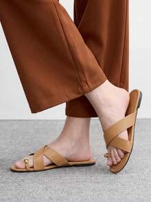 CUCCOO BIZCHIC Ladies' Elegant Summer Camel PU-Faced Flat-Bottomed Slippers - Camel - View 5