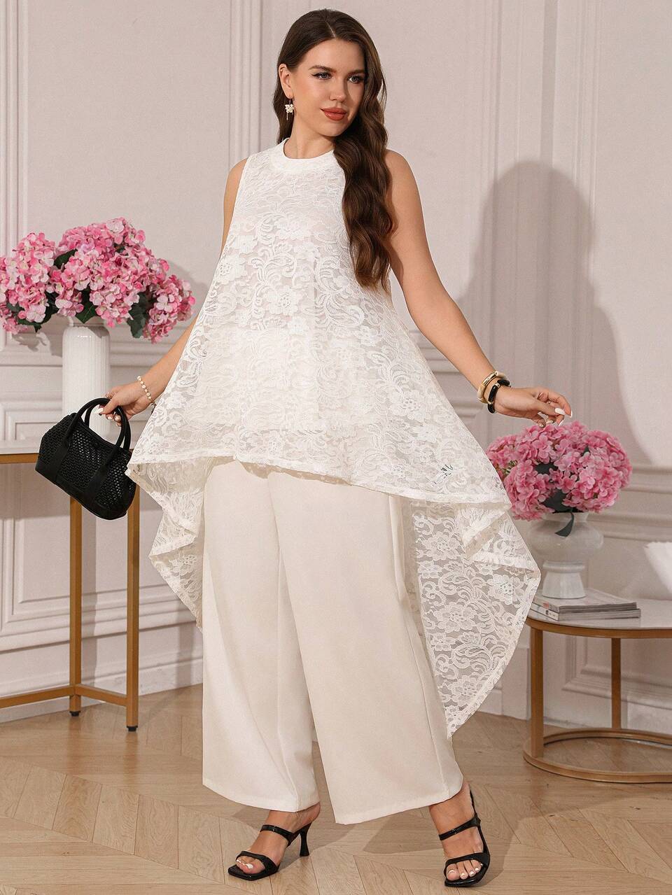 Plus Size Women Lace Asymmetric Sleeveless Top And Pants Elegant Set Wedding Guest White All White Summer