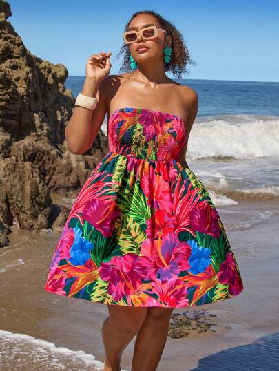 Travachic Plus Size Women Tropical Plant Print Halter Dress, Vacation Floral Dress Summer Dress Elegant Dresses For Ladies Summer Holiday Outfits Beach Dresses Beach Outfits Tropical Print Island Vacation