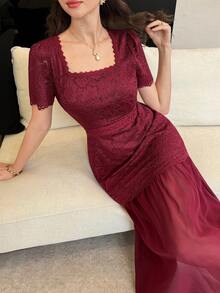 Modelyn Đầm midi dáng ôm, cổ vuông, chất liệu ren dệt kim, phối ren, eo xếp ly, thanh lịch dành cho nữ. - Màu Đỏ Sâu - Xem 5