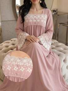 Yasmyna 女士蕾丝拼接荷叶边休闲派对外出阿拉伯风格连衣裙 - 粉色 - 查看 10