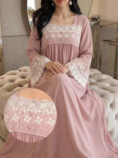 Yasmyna Women's Lace Patchwork Ruffle Casual Party Outing Arabic Style Dress