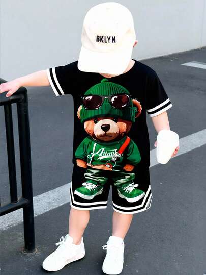 SHEIN 2pcs/Set Young Boy Casual Round Neck Short Sleeve Cute Bear Graphic T-Shirt And Printed Sports Shorts Outfit, Suitable For Spring/Summer Daily Wear, Sports, Outing, School, Party, Vacation