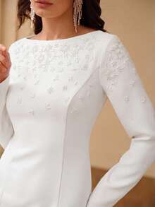 ZEYLAH Off-Shoulder Long Sleeve Beaded Fishtail Dress, Spring/Summer - White - View 2