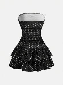 SHEIN 儿童/少女春夏法式时尚波点蕾丝荷叶边蝴蝶结设计办公室/休闲可爱甜美无肩带修身腰部层叠下摆黑色优雅连衣裙，女士连衣裙，少女短款休闲迷你连衣裙，秋冬打底衫 - 黑色 - 查看 2