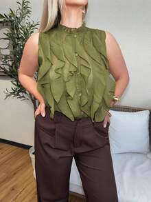 Jeta Ari Blouse sans manches vert olive à col volanté superposé, top élégant décontracté et polyvalent en mousseline à rayures métalliques, style romantique vintage français pour l'été - Vert - Voir 6