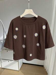 GalTyme Plus Size Chocolate Brown Floral Embroidery Round Neck Short Sleeve T-Shirt - Chocolate Brown - View 5