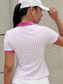 Gameset SHEIN Sport 女款條紋短袖休閒健身運動 Polo 衫 - 彩色 - 查看 2