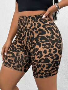 SHEIN Essnce Quần short nữ cỡ lớn thời trang xuân/hè, chất liệu co giãn, thoải mái, đa năng, màu đen, nâu và họa tiết da báo, kiểu dáng quần short đi xe đạp, phong cách đường phố, quần short mùa hè, trang phục đi chơi, quần short ôm dáng, quần short đạp xe. - Nhiều màu - Xem 2