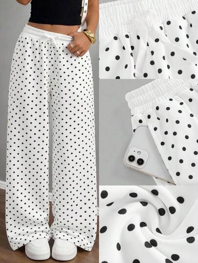 Quần jogger chấm bi cho bé gái tuổi teen, kiểu dáng thường ngày, cạp chun thấp, ống rộng, phối màu tương phản, màu trắng, thích hợp cho mùa tựu trường.