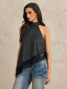 SHEIN Tall Women's Black And White Polka Dot Asymmetrical High Neck Halter Top With Lace Trim,Elegant Summer Sleeveless Top For Day Party Wedding Guest, Tall Women - Black - View 5