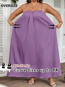SHEIN CURVE+ 大码曲线/秋季服装/女士秋季服装/女士冬季服装/冬季服装大码纯色褶皱细节休闲吊带连衣裙，适合生日派对、毕业典礼、学生装、日常休闲、度假等场合。 - 紫色 - 查看 8