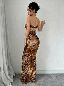 Vestido ajustado con estampado de leopardo, sin mangas, con espalda retorcida, hueco y cordones - Multicolor 2 - Ver 10