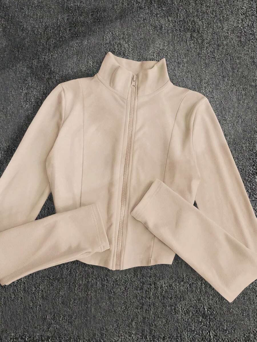 SHEIN 女士杏色丝绒薄款外套,休闲街头风拉链修身长袖外套,适合户外运动、旅行、送礼 - 杏色 - 查看 1