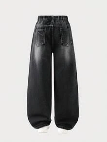 SHEIN ChillGRL Girl & Girls' Versatile Casual All-Match Loose Straight Leg Washed Denim Jeans, Comfortable & Fashionable For All Year Round Baggy Jeans Y2k Black Baggy Jeans - Black - View 2