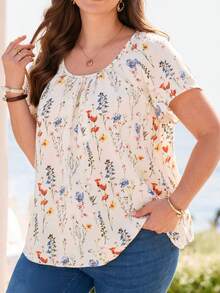 EMERY ROSE Camisa Casual de Manga Curta com Estampa Floral Completa para Mulheres Plus Size, Estilo Boho para Mulheres/Verão, Looks de Férias para Mulheres - Multicolorido - Visão 1