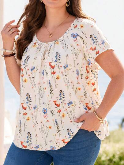 EMERY ROSE Camisa Casual de Manga Curta com Estampa Floral Completa para Mulheres Plus Size, Estilo Boho para Mulheres/Verão, Looks de Férias para Mulheres