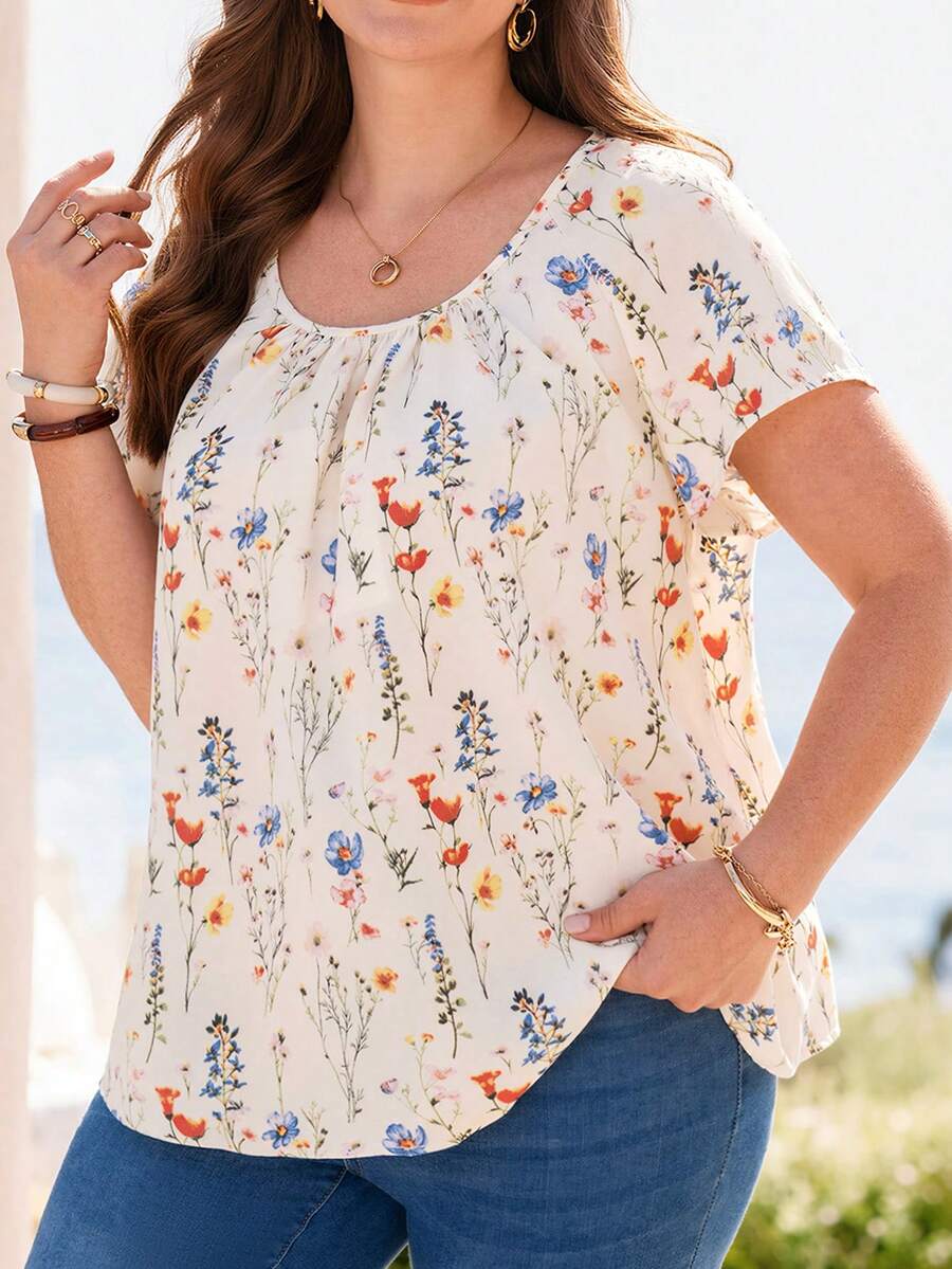 EMERY ROSE Camisa Casual de Manga Curta com Estampa Floral Completa para Mulheres Plus Size, Estilo Boho para Mulheres/Verão, Looks de Férias para Mulheres - Multicolorido - Visão 1