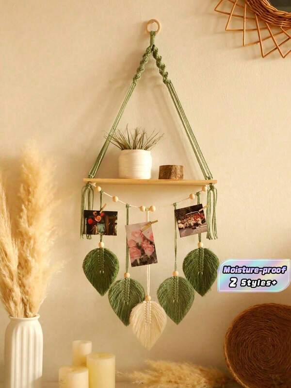 1 chiếc kệ treo tường macrame thủ công, trang trí lá đan kiểu Boho, kệ gỗ nổi, lý tưởng để trang trí phòng tắm, phòng ngủ, phòng khách hoặc phòng trẻ em, không kèm kẹp, trang trí nhà cửa, trang trí phòng, quà tặng trang trí tường sinh nhật, tốt nghiệp.