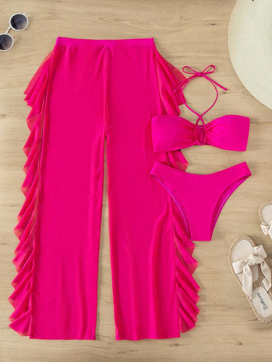 SHEIN Swim 女士沙滩度假印花比基尼三件套，无线