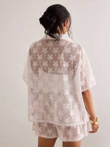 Levarali Set Pakaian Pantai Bohemian Jala Renda untuk Wanita Ukuran Plus, Set 2 Potong: Penutup & Kemeja - Putih - View 2