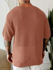 Manfinity Homme 男士纯色圆领短袖休闲口袋针织上衣 - 藕粉色 - 查看 5