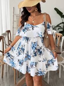 SHEIN VCAY Vestido casual de tirantes con estampado floral y volantes en el bajo para tallas grandes - Multicolor - Ver 3