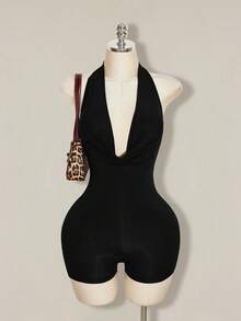 SHEIN ICON Y2K Sommer Damen Club Schwarzer Sexy Ausgehparty Abschlussball einfarbiger tiefer drapierter Ausschnitt Neckholder Romper - Schwarz - Übersicht 10