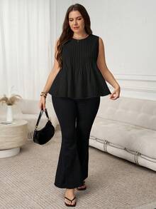 SHEIN LUNE Plus Size Solid Color Round Neck Pleated Casual Versatile Tank Top, Suitable For Summer - Black - View 5