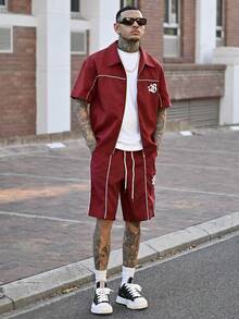 Devon Thys 2pcs Men's Star Print Zip Front Short Sleeve Shirt And Shorts Set With Contrast Trim Men's Co Ord Set Men's Red Short Set Men's Short Set Men's 2 Pieces Short Set Red Red Casual Men Set - Burgundy - View 1