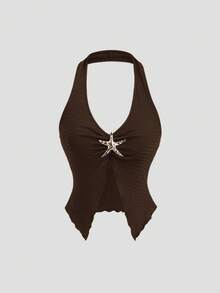 Sweetra 欧美性感深V露背吊带短款上衣搭配复古金属扣休闲度假约会裙两件套，女士春夏款 - 巧克力棕 - 查看 5