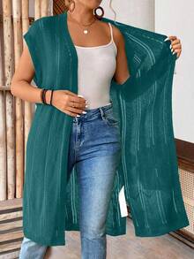 SHEIN LUNE CURVE Plus Size Women's Sleeveless Hollow Out Long Cardigan, Lightweight, Suitable For Vacation, Commute, St. Patrick's Day, Spring/Summer - Teal Blue - View 3