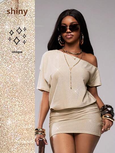 Vadaroq Vestido sexy de mujer con escote pronunciado, hombros asimétricos, espalda descubierta, manga corta fruncida, cuello Bardot y diseño de malla transparente con cuentas para primavera/verano
