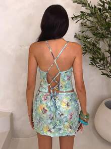 SHEIN Glamour 3D Floral Print Spaghetti Strap Crop Top Mini Skirt Two Piece Set 3D Three-Dimensional Floral Applique Fabric Y2k Boho Summer Vacation Chic - Green - View 5