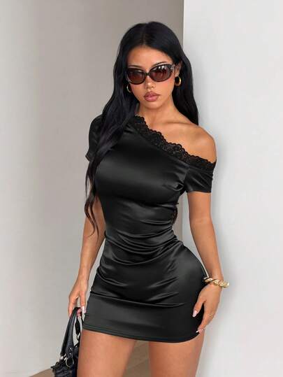 SHEIN ICON 女士纯色撞色蕾丝不对称肩部修身迷你连衣裙