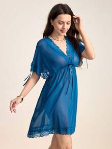 Hourtrue Lace Trim Bow Batwing Sleeve Mesh Pajama Nightdress - Teal Blue - View 6