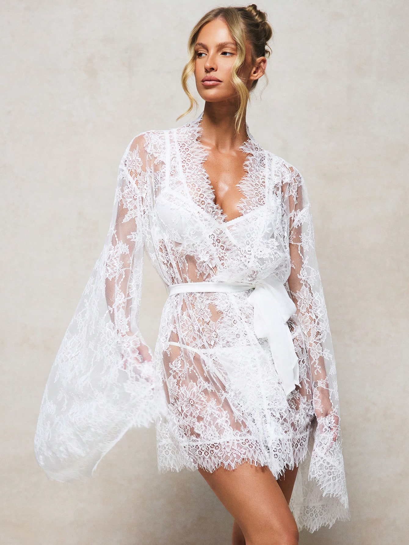 KIZN Sheer Lace Robe With Waterfall Sleeves And Satin Belt