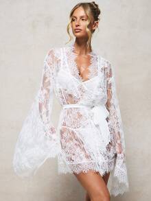 KIZN Áo choàng ngủ ren xuyên thấu tay bồng bềnh với thắt lưng satin, thích hợp cho cô dâu. - trắng - Xem 3