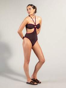 Rouah Traje de baño de una pieza con escote halter y recortes de color contrastante para mujer - Traje de baño, ropa de playa, vacaciones, día de piscina, día de playa - Marrón - Ver 3