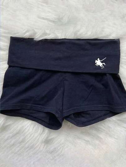 SHEIN Quần short cạp cao kiểu dáng thường ngày, màu xanh hải quân, in họa tiết hiệp sĩ, dành cho bé gái tuổi teen.