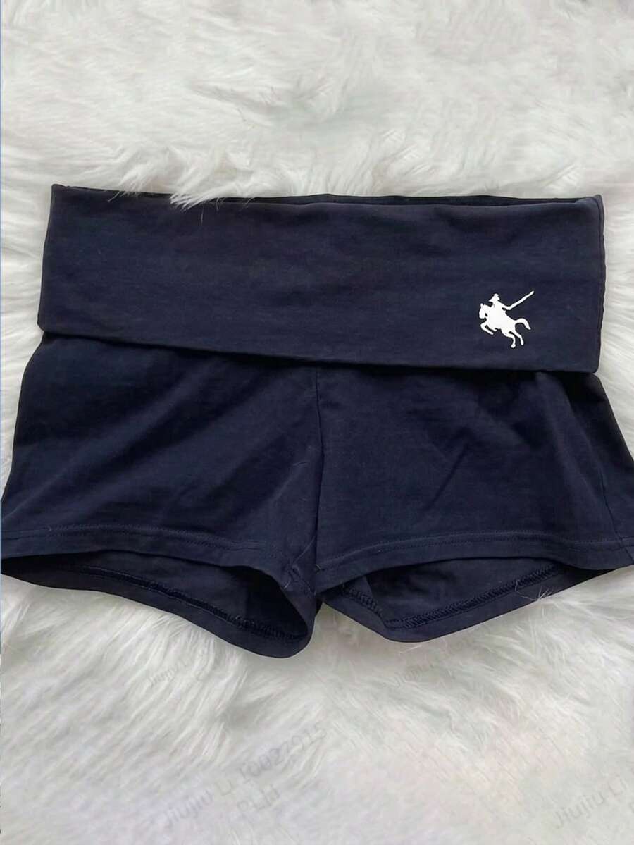 SHEIN 少女海军蓝针织骑士图案印花高腰休闲短裤 - 藏蓝色 - 查看 1