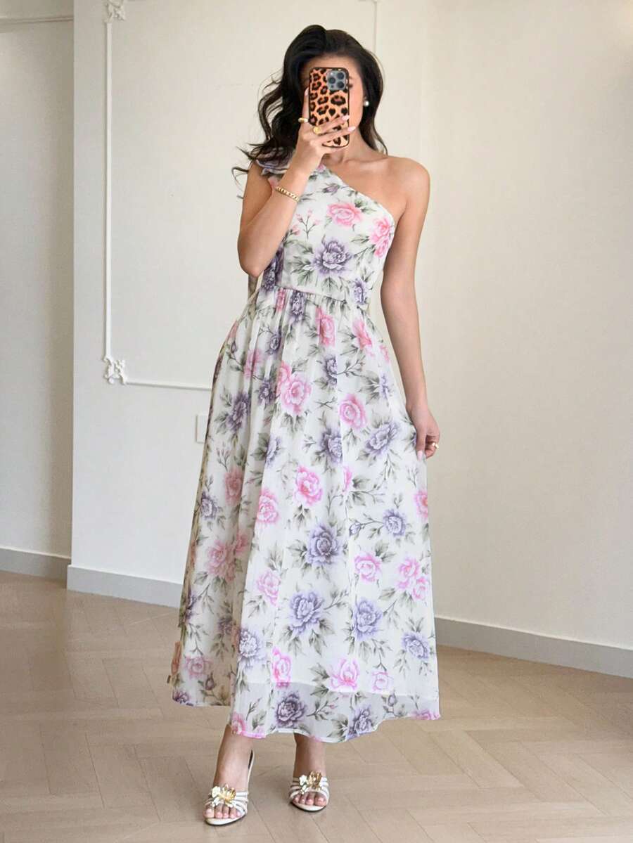 Modelyn 优雅浪漫印花不对称肩部连衣裙（女款） - 彩色 - 查看 1