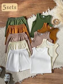 SHEIN Vintaside Kids 10件裝嬰幼兒男/女童夏季套裝 牛仔與白色休閒家庭款 素色圓領背心上衣搭配寬鬆短褲 幼兒套裝 - 彩色 - 查看 3