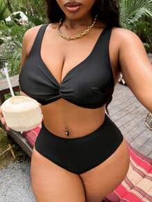 Slaydiva Plus Size Solid Color Twist Sweetheart Neck Tankini Bikini Set Set - Black - View 1